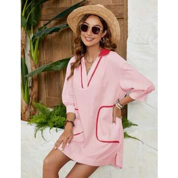 Ailoqing Swimsuit Coverup for Women V Neck 3/4 Sleeve Casual Shirt Dress with Pockets(Pink-XS)