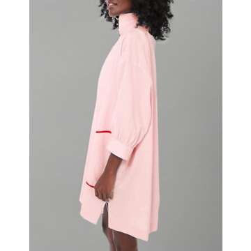 Ailoqing Swimsuit Coverup for Women V Neck 3/4 Sleeve Casual Shirt Dress with Pockets(Pink-XS)