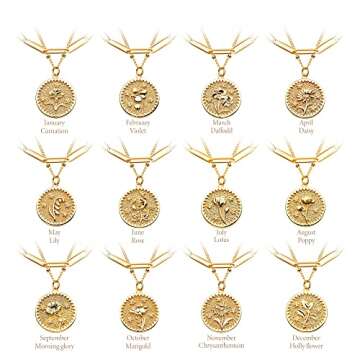 Valloey Rover Birth Flower Necklace for Women 14K Gold Plated Layered Dainty Carved Floral Pendant Necklace Personalized Engrave Month Necklace for Birthday Jewelry (February-Violet)