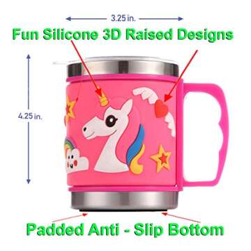 F-32 12 Oz Kids Stainless Steel Unicorn Pink 3D Mug with 2 Pack Slider Closure Lids - Eco-Friendly -...