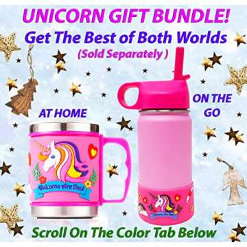 F-32 12 Oz Kids Stainless Steel Unicorn Pink 3D Mug with 2 Pack Slider Closure Lids - Eco-Friendly - BPA Free Signature Collection (Unicorn Pink)