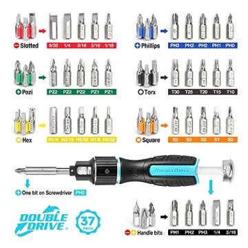 DOUBLEDRIVE Ratcheting Screwdriver Set - 2X Faster, 37-piece Magnetic Multi-bit Screw Drivers, Slotted/Philips/Pozi/Torx/Hex/Square, Repair Tool Kits for Laptop, PC, Furniture, DIY Hand Work