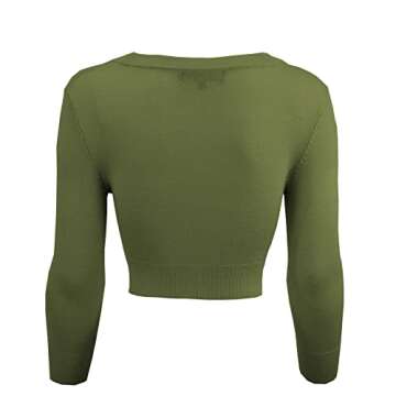 YEMAK Women's Cropped Bolero Cardigan – 3/4 Sleeve V-Neck Basic Classic Casual Button Down Knit Soft Sweater Top CO129-SAG-S Sage