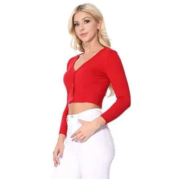 YEMAK Women's Cropped Bolero Cardigan – 3/4 Sleeve V-Neck Basic Classic Casual Button Down Knit Soft Sweater Top CO129-SAG-S Sage