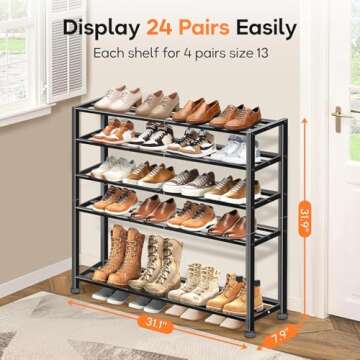 KEETDY 5-Tier Heavy Duty Shoe Rack for Garage Entryway, Stackable Shoe Organizer for 25 Pairs Men Bo...