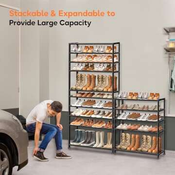 KEETDY 5-Tier Heavy Duty Shoe Rack for Garage Entryway, Stackable Shoe Organizer for 25 Pairs Men Boots, Shoe Rack for Closet Metal Shoe Storage Shelf, Floor, Hallway (Black)