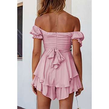 Fixmatti Women Summer Romper Off Shoulder Bohemian Shorts Jumpsuit Chiffon Mini Cute Playsuit Pink L