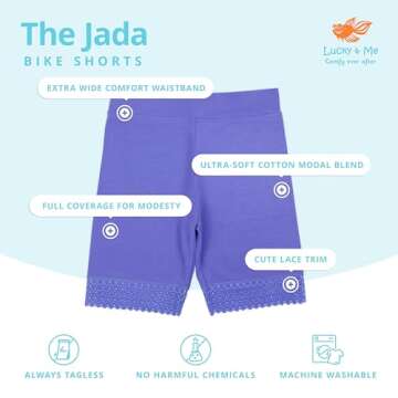 Lucky & Me Girls Bike Shorts, Super Soft Cotton Modal Blend with Lace Trim, Jada 3 Pack, Bright, Size 4-5 Years