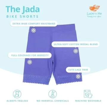 Lucky & Me Girls Bike Shorts, Super Soft Cotton Modal Blend with Lace Trim, Jada 3 Pack, Bright, Size 4-5 Years