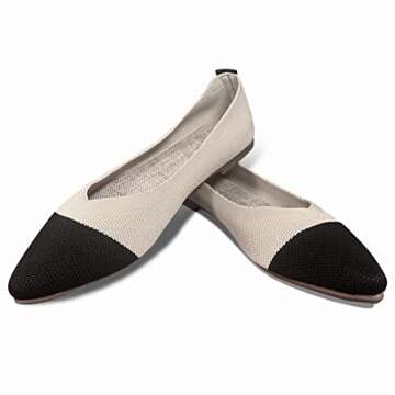 Husmeu Dress Ballet Flats for Women Comfortable Work Pointed Toe Knit Flats Shoes Comfortable Ballet Flat Shoes for Women Beige Black 6.5-7