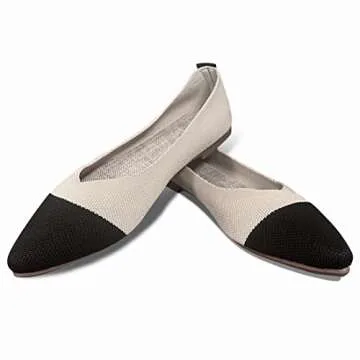 Husmeu Dress Ballet Flats for Women Comfortable Work Pointed Toe Knit Flats Shoes Comfortable Ballet Flat Shoes for Women Beige Black 6.5-7
