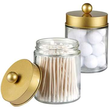 Amolliar 6Pc Apothecary Jars Bathroom Vanity Organizer- Rustic Farmhouse Decor Storage Canister with Stainless Steel Lids- Qtip Dispenser Holder for Q-Tips,Cotton Swabs,Rounds,Ball,Flossers (Gold)