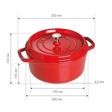 Staub 4 Qt Round Cocotte Cherry Red Durable Cooking Pot