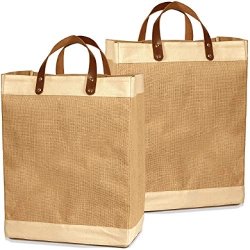 EXULTIMATE Tote Bag Faux Leather Straps Reusable Burlap Shopping 2 Pack Farmers Market Jute Foldable