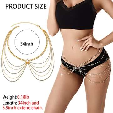 Rhinestone Body Chains Jewelry For Women And Girls Sexy Belly Waist Chain Bikini Beach Accessories Suitable for a Variety of Carnival scenes (gold)