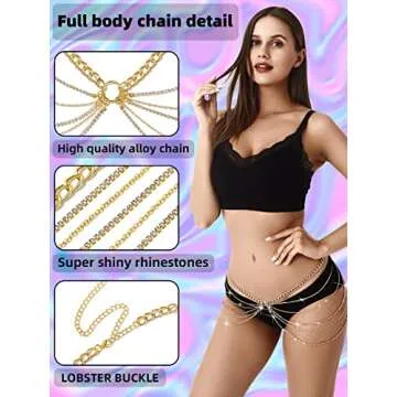Rhinestone Body Chains Jewelry For Women And Girls Sexy Belly Waist Chain Bikini Beach Accessories Suitable for a Variety of Carnival scenes (gold)