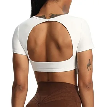 Aoxjox Short Sleeve Crop Tops for Women - Clarissa Hollow Back Stylish Workout Top (White)
