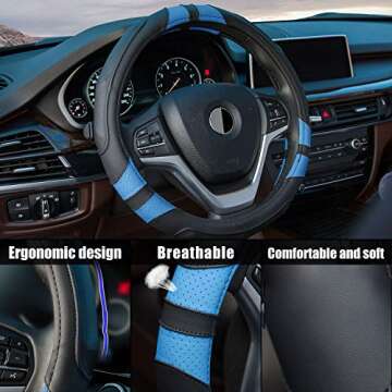 Achiou Blue Car Steering Wheel Cover Universal 15 inch with Grip Contours, Leather Auto for Men and Women Non-Slip Breathable Soft and Comfortable