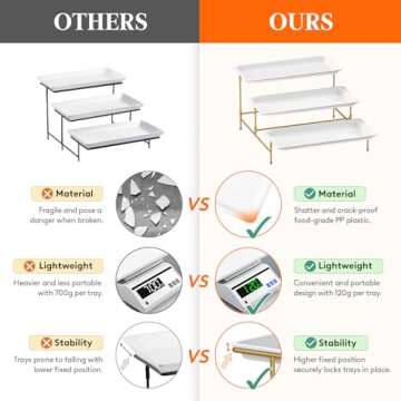 Lifewit 3 Tiered Plastic Serving Tray for Party Entertaining, 14"×6.5" Serving Food Display Platters, Reusable Trays with Collapsible Stable Metal Stand for Veggie, Fruit, Cookies, Dessert, Gold