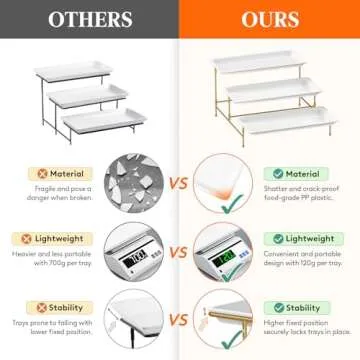 Lifewit 3 Tiered Plastic Serving Tray for Party Entertaining, 14"×6.5" Serving Food Display Platters, Reusable Trays with Collapsible Stable Metal Stand for Veggie, Fruit, Cookies, Dessert, Gold