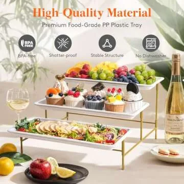 Lifewit 3 Tiered Plastic Serving Tray for Party Entertaining, 14"×6.5" Serving Food Display Platters, Reusable Trays with Collapsible Stable Metal Stand for Veggie, Fruit, Cookies, Dessert, Gold
