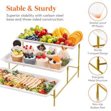 Lifewit 3 Tiered Plastic Serving Tray for Party Entertaining, 14"×6.5" Serving Food Display Platters, Reusable Trays with Collapsible Stable Metal Stand for Veggie, Fruit, Cookies, Dessert, Gold