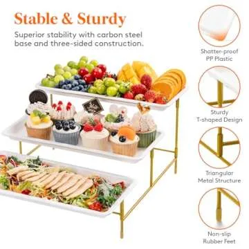 Lifewit 3 Tiered Plastic Serving Tray for Party Entertaining, 14"×6.5" Serving Food Display Platters, Reusable Trays with Collapsible Stable Metal Stand for Veggie, Fruit, Cookies, Dessert, Gold
