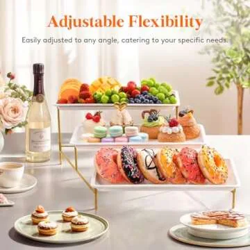 Lifewit 3 Tiered Plastic Serving Tray for Party Entertaining, 14"×6.5" Serving Food Display Platters, Reusable Trays with Collapsible Stable Metal Stand for Veggie, Fruit, Cookies, Dessert, Gold