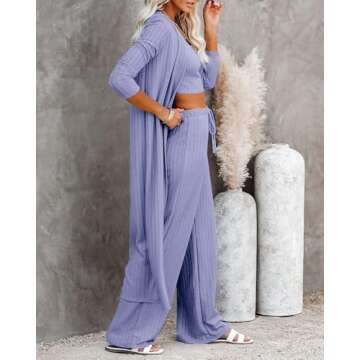 Fessceruna Womens 3 Piece Lounge Sets Pajamas Knit Long Sleeve Cardigan Crop Top Wide Leg Pants Loungewear Set