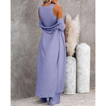 Fessceruna Womens 3 Piece Lounge Sets Pajamas Knit Long Sleeve Cardigan Crop Top Wide Leg Pants Loungewear Set