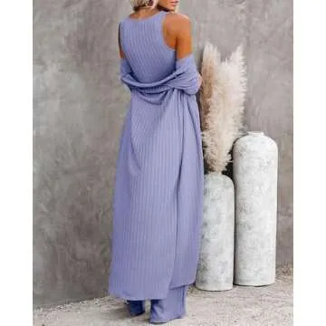 Fessceruna Womens 3 Piece Lounge Sets Pajamas Knit Long Sleeve Cardigan Crop Top Wide Leg Pants Loungewear Set