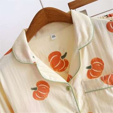 Shanghai Story Pumpkin Print Pajamas Long Sleeve Sleepwear Button Down Pj Sets Loungewear Set Size M Yellow