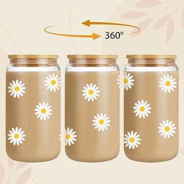 GSPY Daisy Aesthetic Cups, Iced Coffee Cup, Cute Glass Cups with Lids and Straws - Iced Coffee Glass...