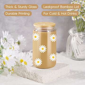 GSPY Daisy Aesthetic Cups, Iced Coffee Cup, Cute Glass Cups with Lids and Straws - Iced Coffee Glasses, Flower Mug Cup, Glass Tumbler - Valentines Day, Birthday Gifts for Women, Coffee Lovers