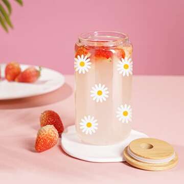 GSPY Daisy Aesthetic Cups, Iced Coffee Cup, Cute Glass Cups with Lids and Straws - Iced Coffee Glasses, Flower Mug Cup, Glass Tumbler - Valentines Day, Birthday Gifts for Women, Coffee Lovers