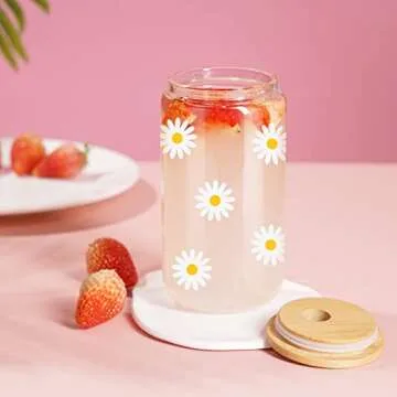 GSPY Daisy Aesthetic Cups, Iced Coffee Cup, Cute Glass Cups with Lids and Straws - Iced Coffee Glasses, Flower Mug Cup, Glass Tumbler - Valentines Day, Birthday Gifts for Women, Coffee Lovers