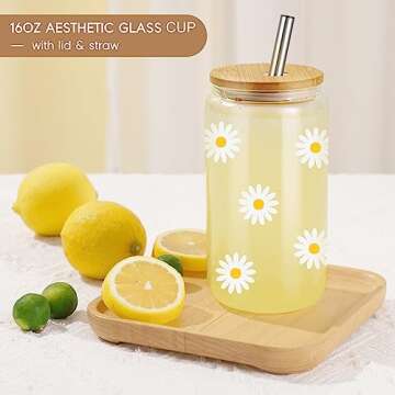 GSPY Daisy Aesthetic Cups, Iced Coffee Cup, Cute Glass Cups with Lids and Straws - Iced Coffee Glasses, Flower Mug Cup, Glass Tumbler - Valentines Day, Birthday Gifts for Women, Coffee Lovers