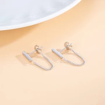Bar Chain Dangle Earrings for Women - Sterling Silver
