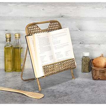 Red Co. 13.5 x 10 inch Decorative Foldable Metal Wire Bamboo Cookbook Stand & Recipe Holder, Aged Gold