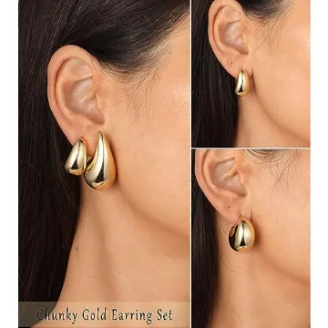 Chunky Gold Hoop Earrings Set for Women - 14K Gold Plated
