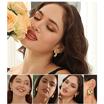 Chunky Gold Hoop Earrings Set for Women - 14K Gold Plated