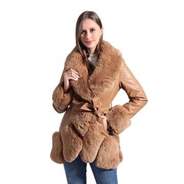 GRAN ORIENTE Khaki Faux Leather Jacket for Women with Faux Fur Collar Long Sleeve Warm Winter Zip up...