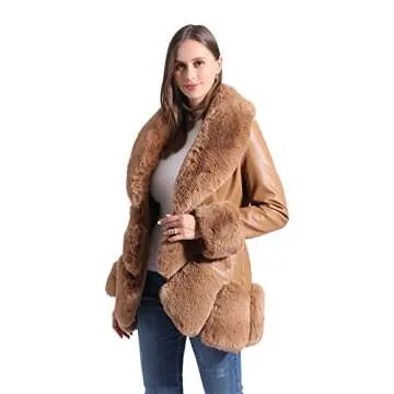 GRAN ORIENTE Khaki Faux Leather Jacket for Women with Faux Fur Collar Long Sleeve Warm Winter Zip up Down Parka with Pockets Coat with Belt Hooded Outerwear GK031-Khaki-XL