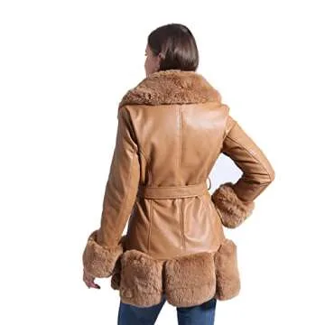 GRAN ORIENTE Khaki Faux Leather Jacket for Women with Faux Fur Collar Long Sleeve Warm Winter Zip up Down Parka with Pockets Coat with Belt Hooded Outerwear GK031-Khaki-XL