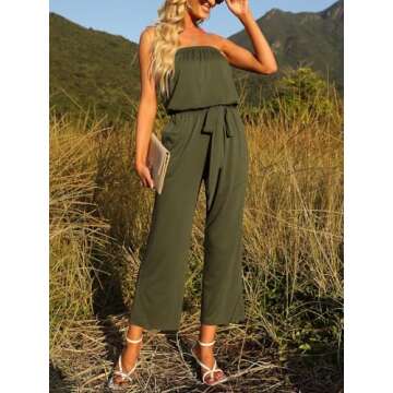 ZESICA Women's Casual Off Shoulder Solid Color Strapless Belted Wide Leg Jumpsuit Romper,Army Green,Small