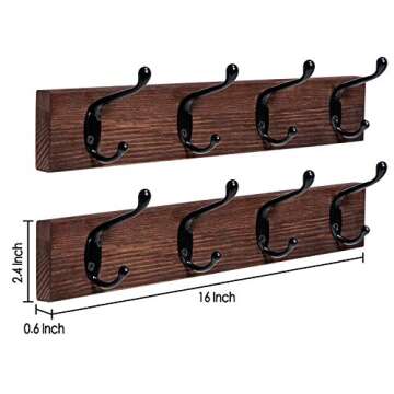 Y&ME YM Rustic Coat Rack Wall Mounted, 2 Pack Entryway Coat Hooks Coat Hat Hanger, Farmhouse Solid Wood Coat Racks with 4 Metal Hooks, Perfect for Clothes Towel Purse Robes Bathroom Bedroom