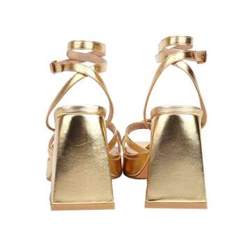 SOVANYOU Gold Strappy Heels for Women High Heels Square Toe Heels Block Chunky Platform Heeled Sandals Party Fashion Heels