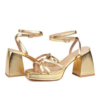 SOVANYOU Gold Strappy Heels for Women High Heels Square Toe Heels Block Chunky Platform Heeled Sandals Party Fashion Heels