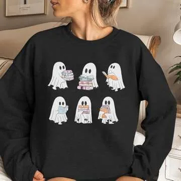 UNIQUEONE Halloween Sweatshirts for Women Ghost Reading Books Sweater Cute Spooky Bookish Shirt Fall Pullover Long Sleeve Tops Grey