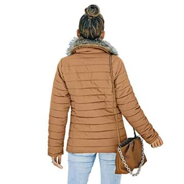 Vetinee Women Casual Faux Fur Lapel Zip Pockets Quilted Parka Jacket Puffer Coat Almond Brown Medium (Fits US 8-US 10)